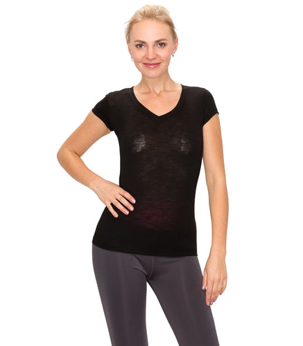 Short Sleeve V Neck Tops Black Color