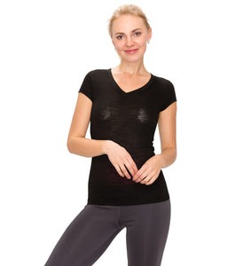 Short Sleeve V Neck Tops Black Color